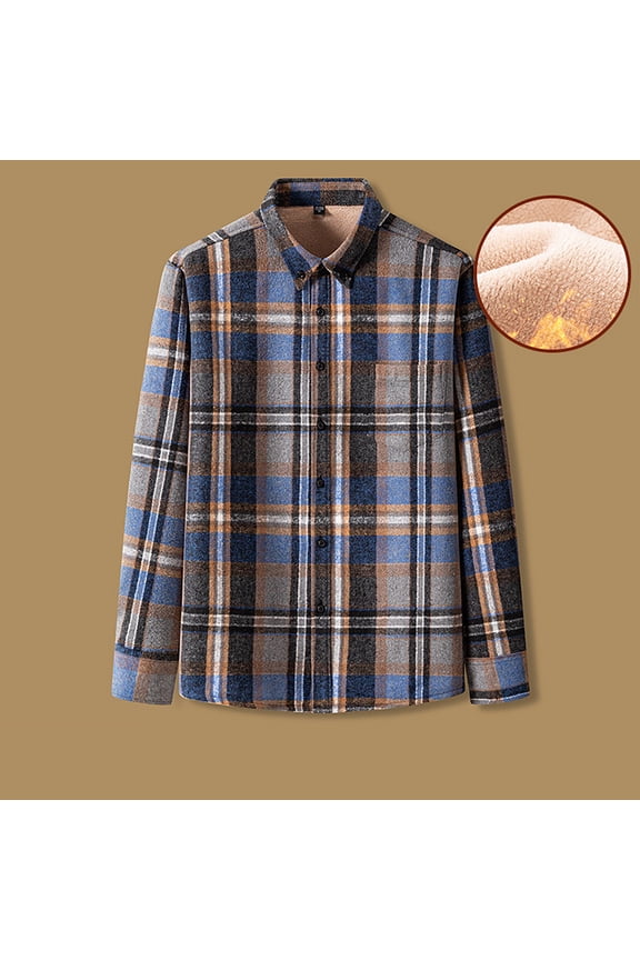 Men Fleece Lined Plaid Flannel Shirt Long Sleeve Button Down Collared Warm Casual Overshirt For Fall Winter (Blue L) Father's Day Gift