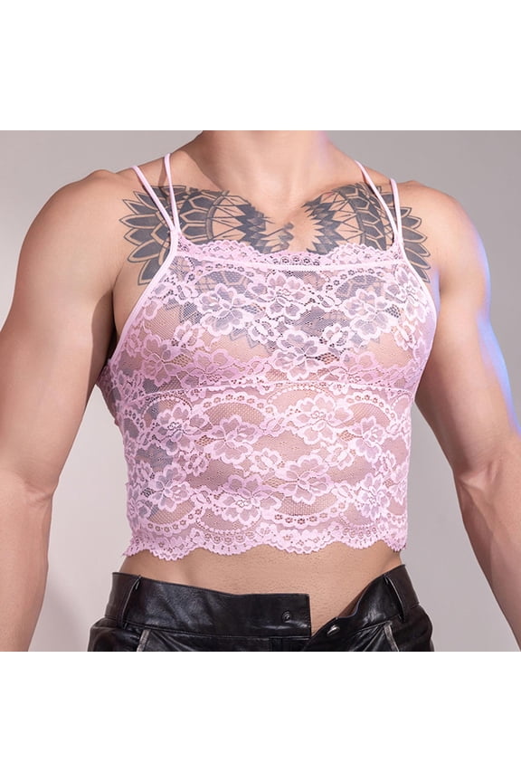 Men Floral Lace Cami Tank Top Criss Cross Back Sleeveless Slim Fit Sheer See Through Casual Party Club Streetwear Crop Vest Tops Gifts for Father
