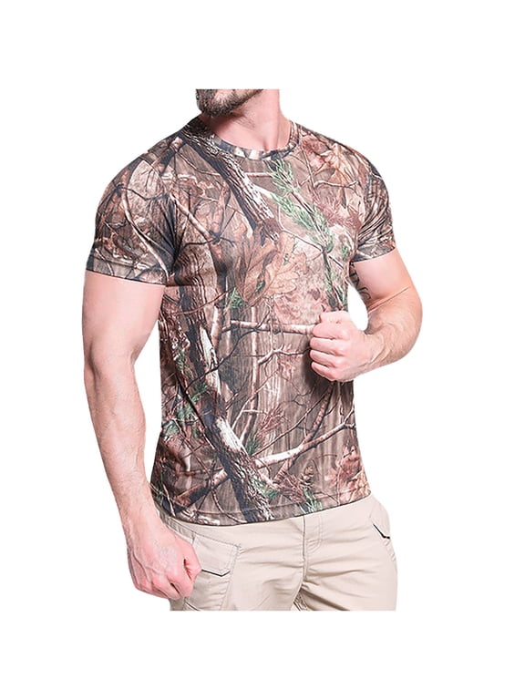 Men Forest Camo Short Sleeve T Shirt Round Neck Breathable Lightweight Hunting Fishing Outdoor Tee Camouflage XL Gift