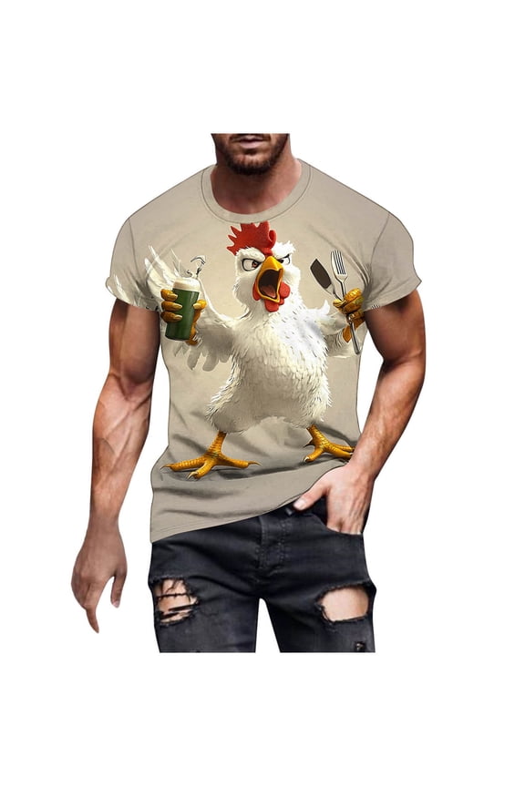 Men Funny Rooster Beer and BBQ Utensils Print Crew Neck Short Sleeve Casual T-Shirt Beige XXXL Big & Tall Gifts for Father