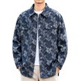 thumbnail image 1 of Ceisia Men Geometric Jacquard Denim Button Down Shacket Lapel Long Sleeve Chest Pockets Casual Oversized Shirt Jacket Daily Autumn Winter Outfit Gift, 1 of 5