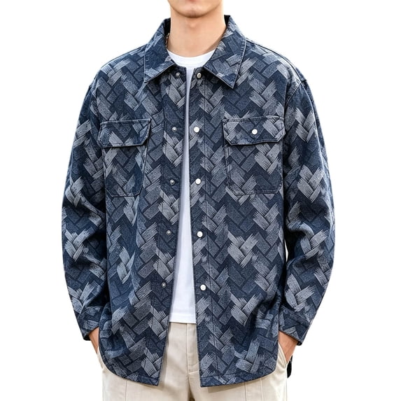 Ceisia Men Geometric Jacquard Denim Button Down Shacket Lapel Long Sleeve Chest Pockets Casual Oversized Shirt Jacket Daily Autumn Winter Outfit Gift