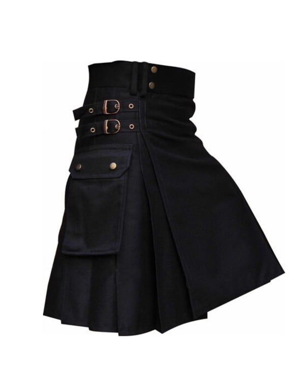 Men Gothic Multi Pocket Pleated Kilt Skirt Contrast Strap Buckle Casual Scottish Fashion Bottoms (Black S) Father's Day Gift