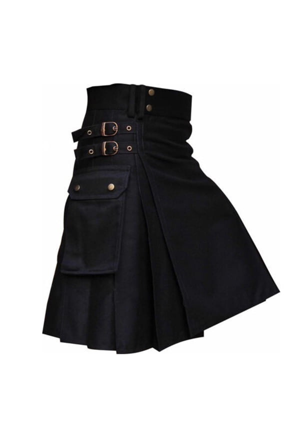 Men Gothic Multi Pocket Pleated Kilt Skirt Contrast Strap Buckle Casual Scottish Fashion Bottoms (Black XXXL) Father's Day Gift