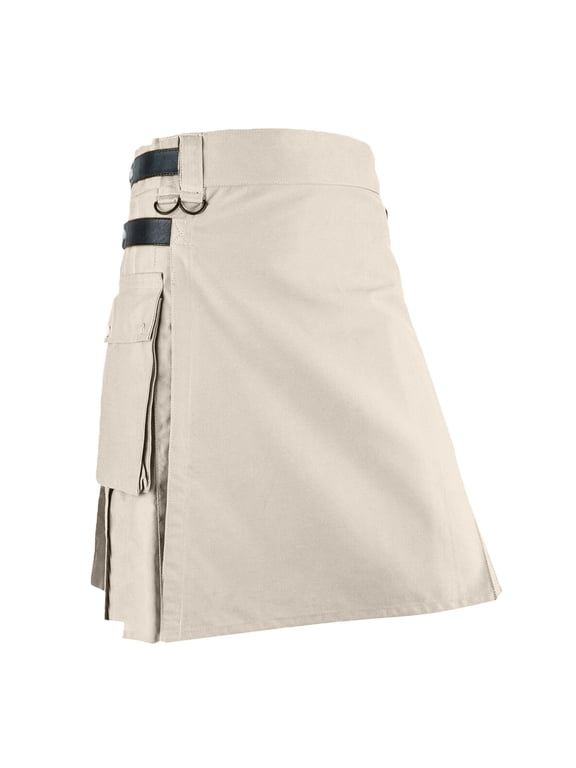 Men Gothic Punk Pleated Kilt Skirt Adjustable Leather Strap Multi Cargo Pocket Scottish Utility Bottom (Khaki L) Father's Day Gift
