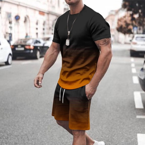 Ceisia Men Gradient Color Short Sleeve Crew Neck T Shirt And Drawstring Pocket Shorts 2 Piece Summer Casual Tracksuit Set (Yellow XXXXL) Gift