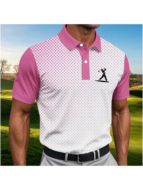 Men Gradient Polka Dot Golf Polo Shirt Golfer Print Short Sleeve Casual Sport Tee Pink XXL Gift