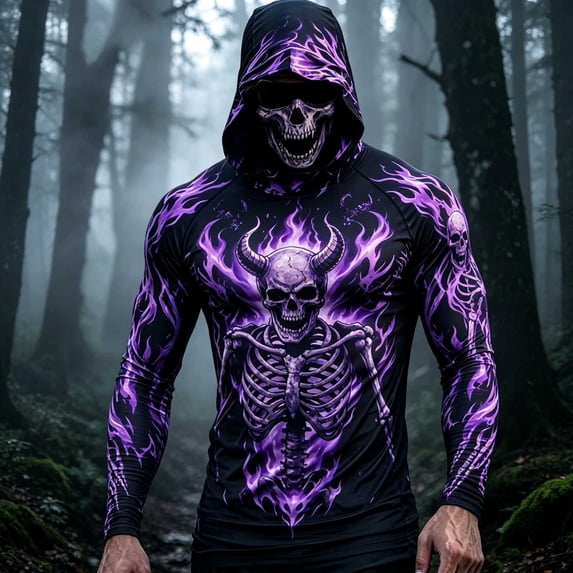Ceisia Men Halloween Skeleton Skull Pattern Hooded Long Sleeve Shirt ...