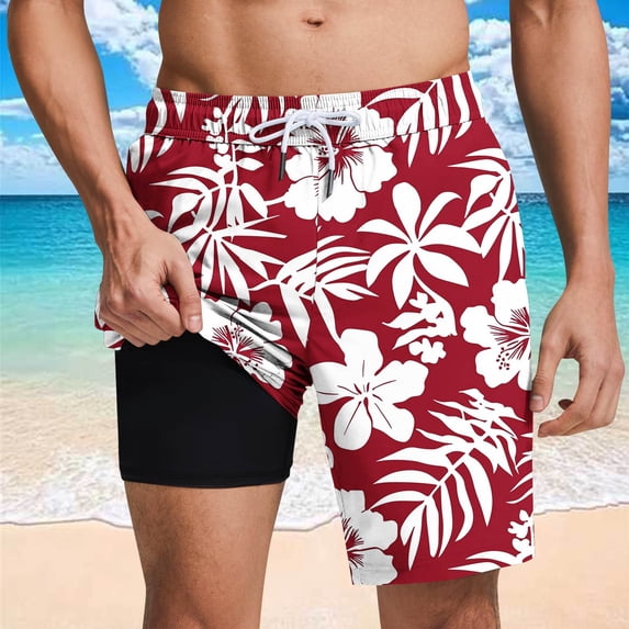 Ceisia Men Hawaiian Hibiscus Floral Printed Beach Shorts With Liner Elastic Waist Drawstring Breathable Quick Dry Vacation Swimming Bottom Pants Red S Gifts for Father