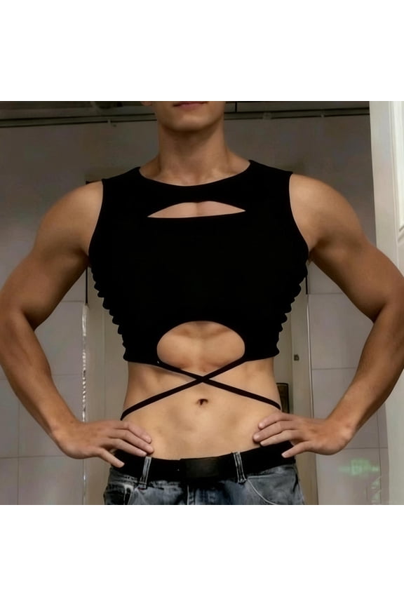 Men Hollow Out Cross Strap Crop Tank Top Round Neck Sleeveless Slim Fit Midriff Cutout Casual Gym Bodybuilding Fashion Muscle Vest Tops Gifts for Father