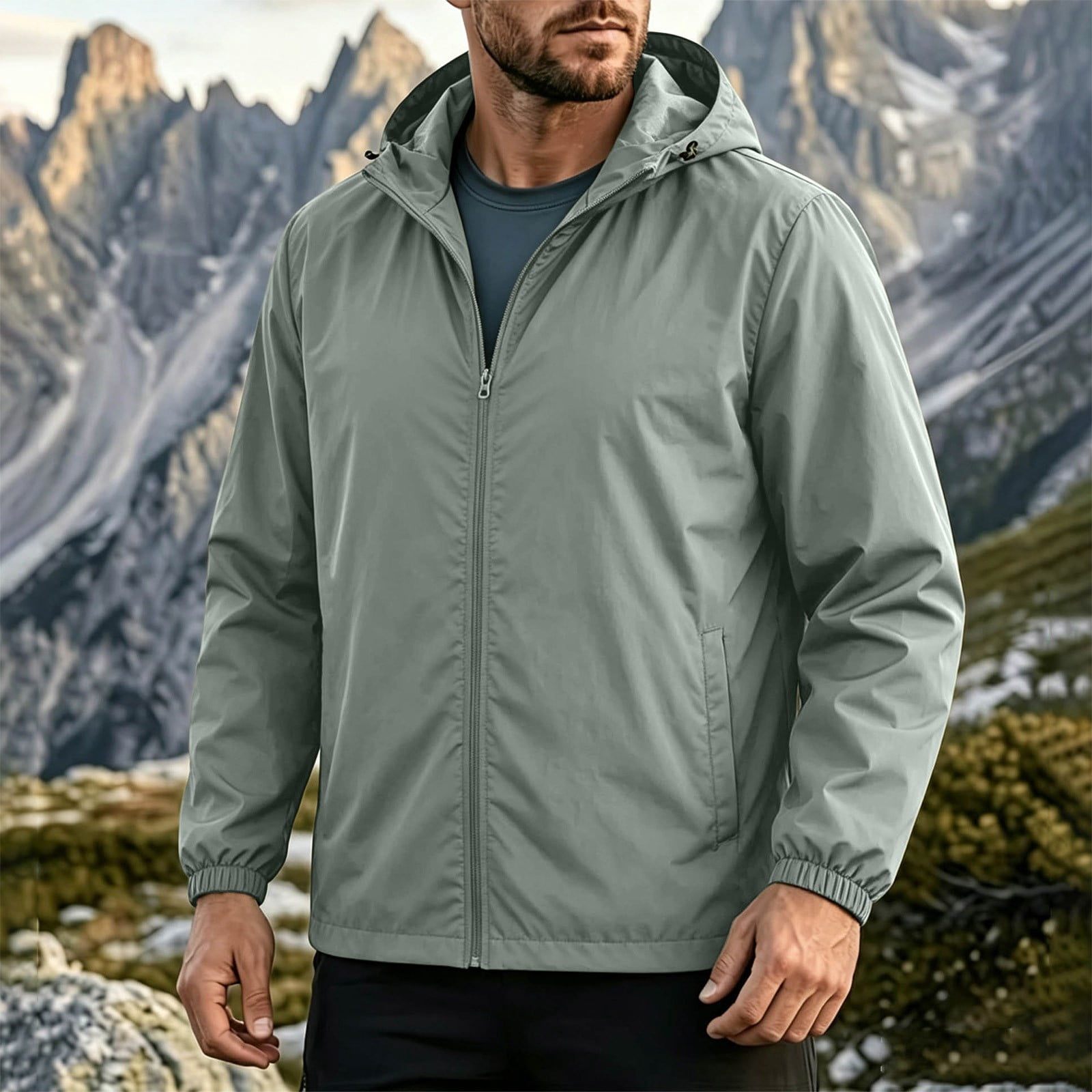 3137 Postcode Ceisia Men Hooded Rain Jacket Full Zip Lightweight Windbreaker Elastic ...