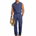 thumbnail image 1 of Ceisia Men Lapel Sleeveless Button Down Shirt and Belted Straight Leg Pants 2 Piece Linen Outfit Navy M Gift, 1 of 8
