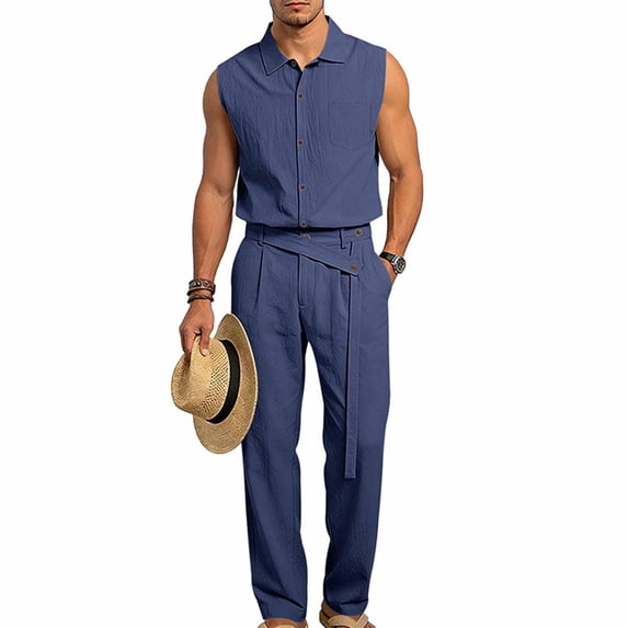 Ceisia Men Lapel Sleeveless Button Down Shirt and Belted Straight Leg Pants 2 Piece Linen Outfit Navy M Gift