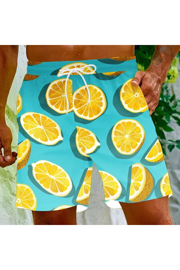 Men Lemon Printed Swim Trunks Quick Dry Elastic Drawstring Waist Tropical Fruit Pattern Loose Fit Pocket Beach Board Shorts Summer Hawaiian Vacation Wear Multicolor L