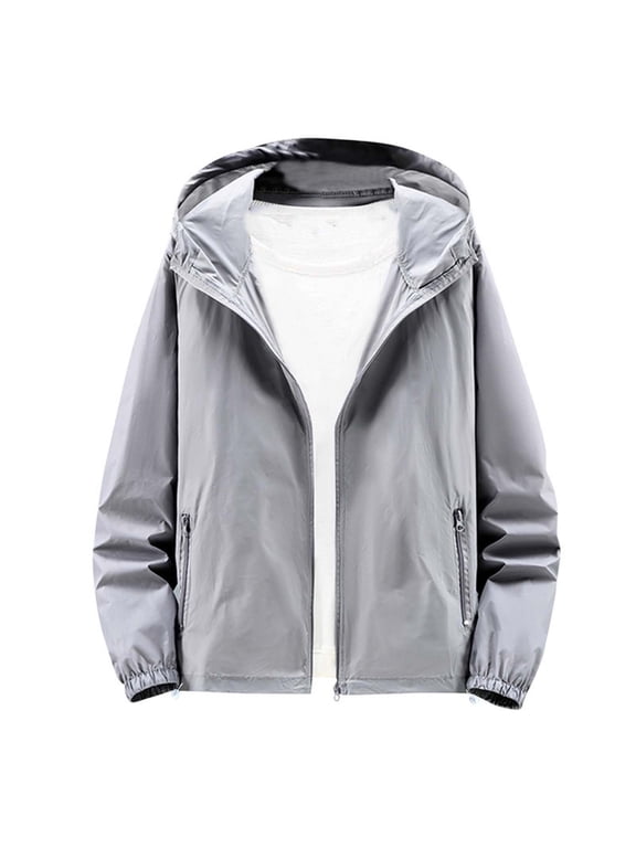 Men Lightweight Sun Protection Hooded Jacket Full Zip Long Sleeve Outdoor Windbreaker With Side Zipper Pockets (Gray XXL) Father's Day Gift