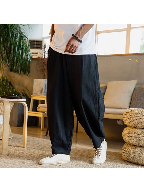 Men Linen Baggy Harem Pants Elastic Drawstring Waist Side Pocket Loose Wide Leg Casual Long Trousers (Black XXL) Father's Day Gift