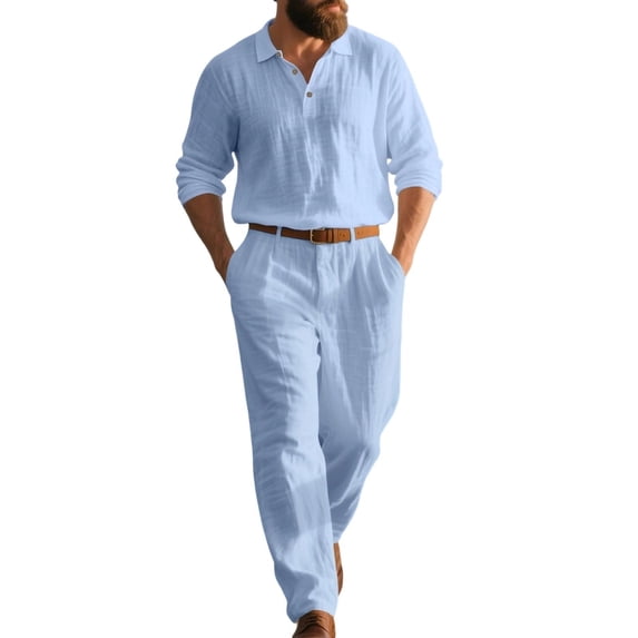 Ceisia Men Linen Long Sleeve Collar Shirt & Loose Pants Two Piece Breathable Daily Outfit Set Light Blue S Gift