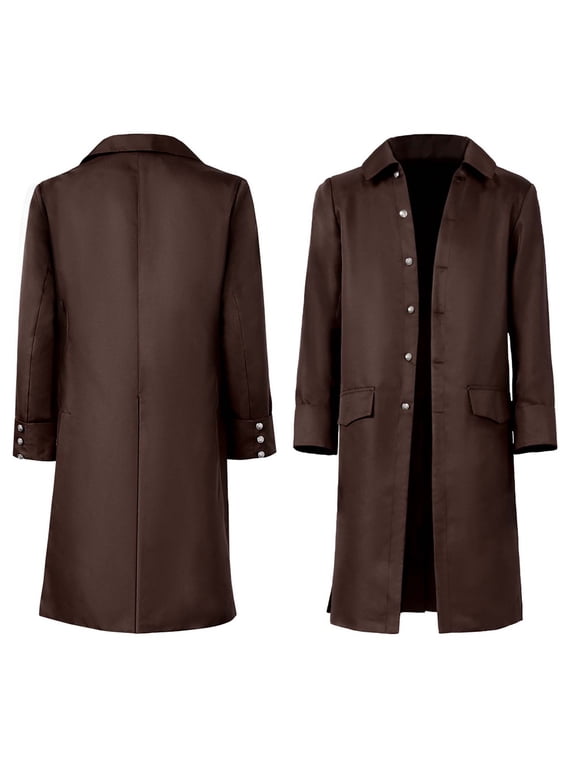 Men Medieval Captain Cosplay Long Sleeve Long Length Lapel Jacket Vintage Halloween Costume Outwear Brown M Gift