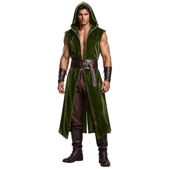 Ceisia Men Medieval Viking Hooded Sleeveless Long Velvet Robe Renaissance Assassin Cosplay Cloak Halloween Party Costume Vest Gift