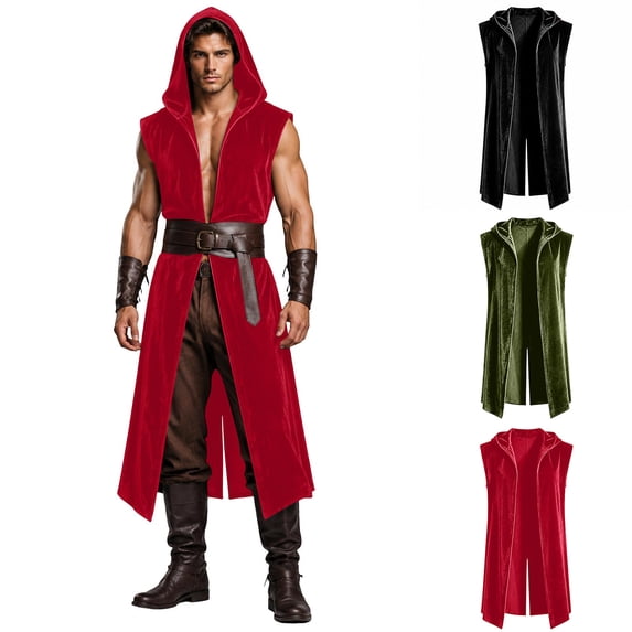 Ceisia Men Medieval Viking Hooded Sleeveless Long Velvet Robe Renaissance Assassin Cosplay Cloak Halloween Party Costume Vest Gift
