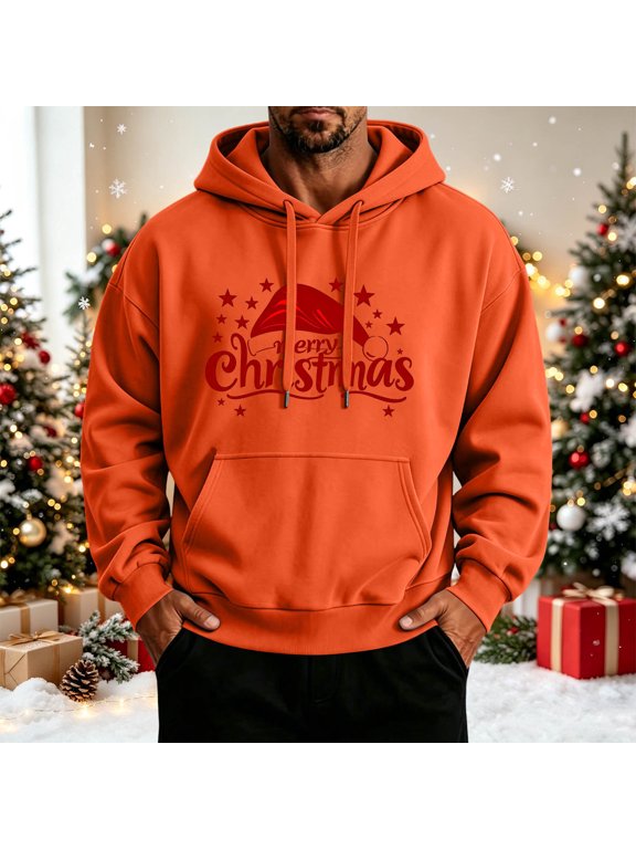 Men Merry Christmas Red Letter With Elf Hat Graphic Hooded Sweatshirt Long Sleeve Kangaroo Pocket Drawstring Casual Holiday Pullover Top Orange M Gift