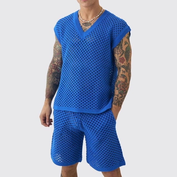 Ceisia Men Mesh Knit Sleeveless V Neck Tank Top Matching Shorts Set Solid Slim Fit Two Piece Casual Daily Outfit Suit Blue M Gift