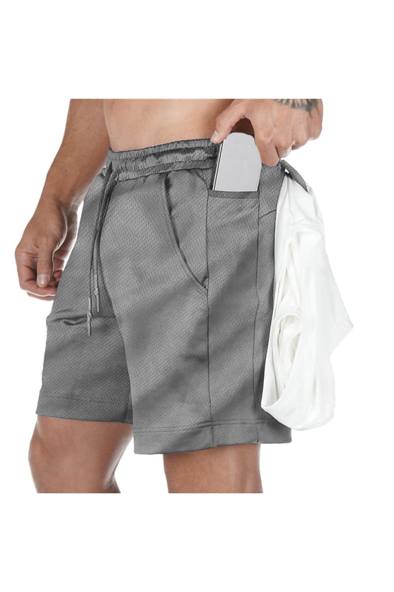 Men Mesh Splice Back Phone Pocket Sports Shorts Elastic Drawstring Waist Quick Dry Breathable Gym Running Outdoor Casual Short Pants Gifts for Father