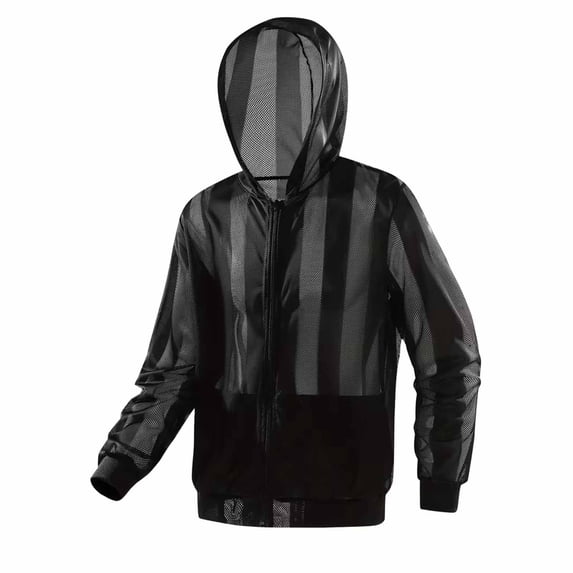 Ceisia Men Mesh Stripe Panel Zip Up Hooded Sheer Sun Protection Jacket Lightweight Outerwear Black L Gift