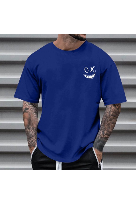 Men Mini OX Evil Face Small Chest Print Crew Neck Short Sleeve Daily T Shirt (Blue M) Father's Day Gift