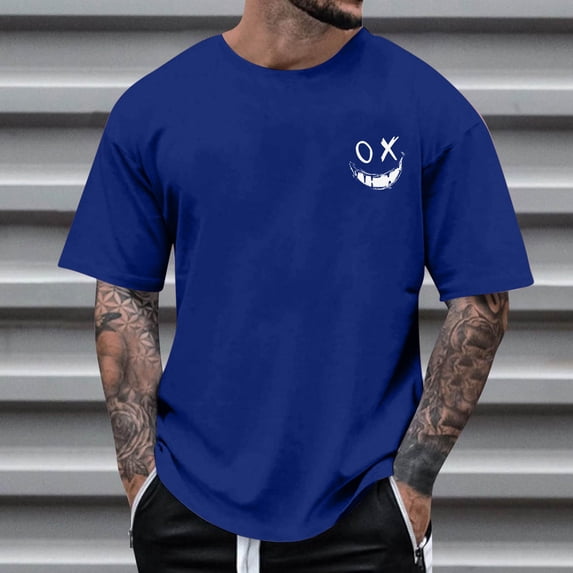 Ceisia Men Mini OX Evil Face Small Chest Print Crew Neck Short Sleeve Daily T Shirt (Blue XXL) Father's Day Gift