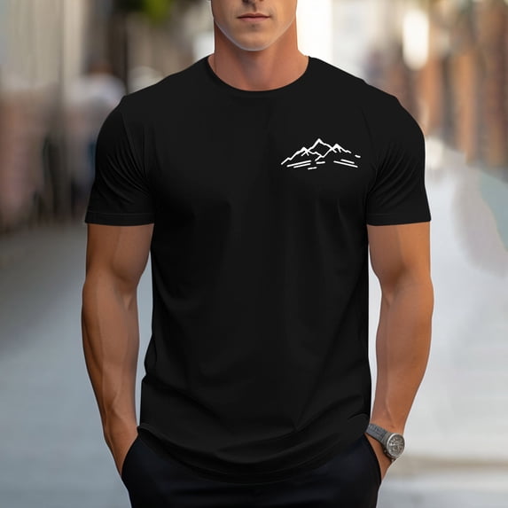 Ceisia Men Mountain Range Print T Shirt Short Sleeve Minimalist Design Crew Neck Casual Regular Fit Soft Cotton Outdoor Top Black L Gifts for Father