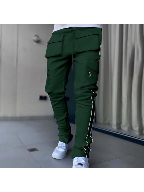 Men Multi Pocket Cargo Stacked Pants Elastic Drawstring Waist Side Strip Slim Fit Streetwear Trousers Green M Gift