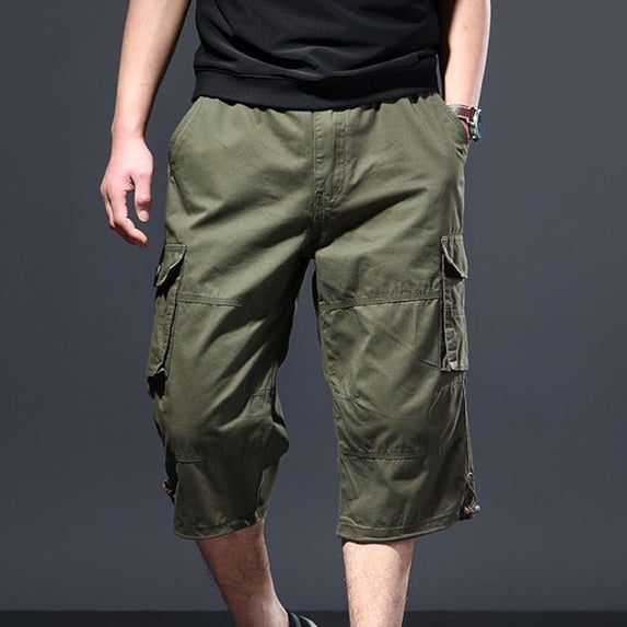 Ceisia Men Multi Pocket Elastic Waist Cargo Capri Shorts Button Detail Summer Loose Fit 3/4 Length Work Bottoms (Army Green M) Father's Day Gift