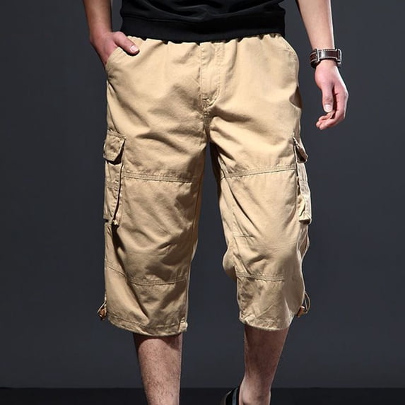 Ceisia Men Multi Pocket Elastic Waist Cargo Capri Shorts Button Detail Summer Loose Fit 3/4 Length Work Bottoms (Khaki XXXL) Father's Day Gift