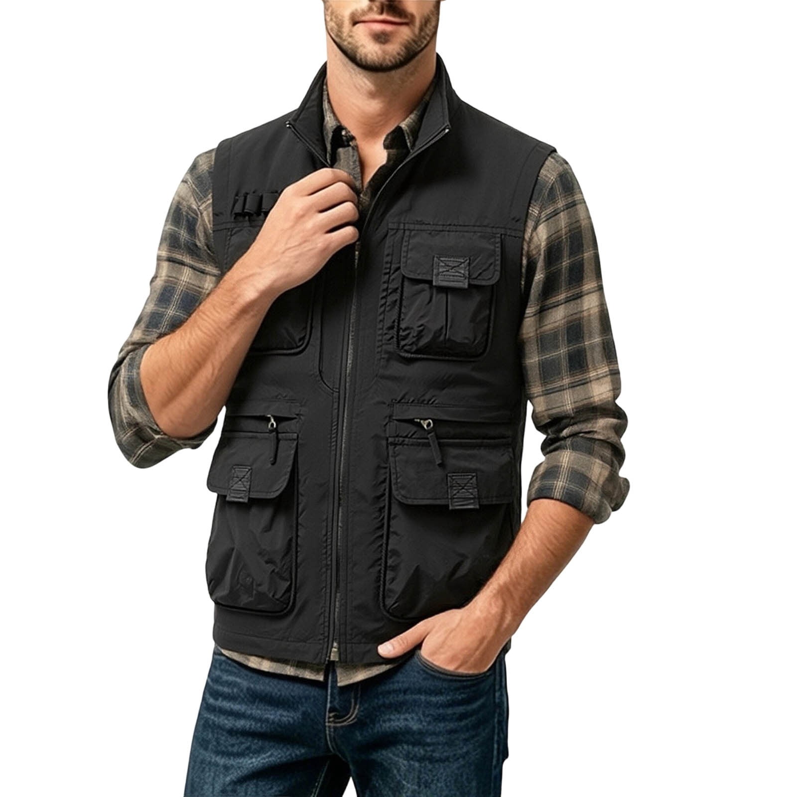 Ceisia Men Multi Pocket Fishing Vest Stand Collar Zip Up Sleeveless ...