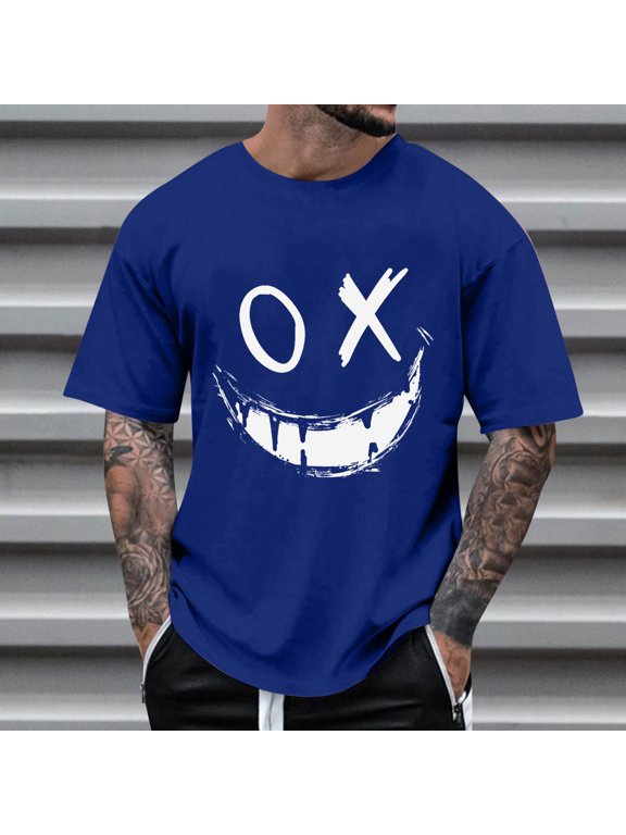Men OX Sketch Evil Grin Face Print Crew Neck Short Sleeve Casual Basic T Shirt (Blue XL) Father's Day Gift