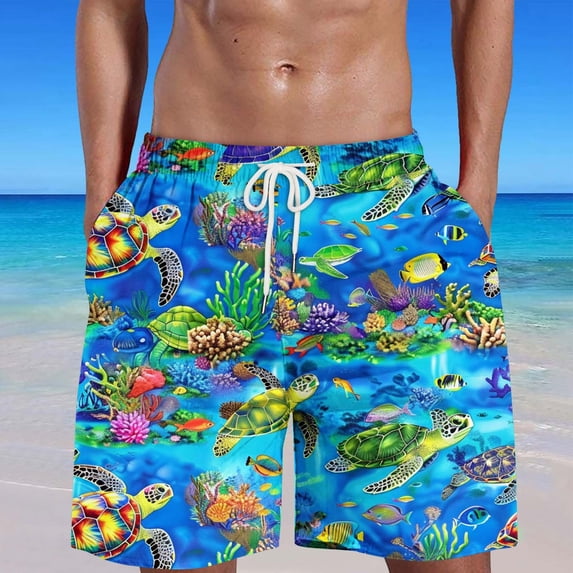 Ceisia Men Ocean Turtle Coral Fish Printed Beach Swim Trunks Quick Dry Breathable Drawstring Pocket Loose Fit Summer Vacation Board Shorts Gifts for Father