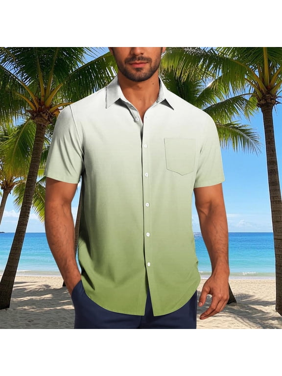 Men Ombre Short Sleeve Shirt Button Down Casual Summer Beach Regular Fit Breathable Lightweight Vacation Button Up Shirt Green L Gifts for Father