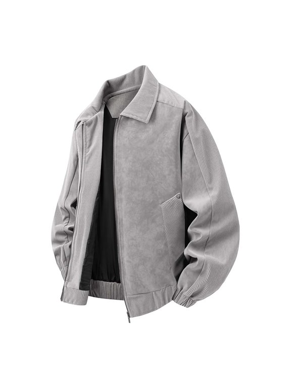 Men Patchwork Suede Corduroy Collar Jacket Full Zip Long Sleeve Retro Casual Outerwear Gray M Gift