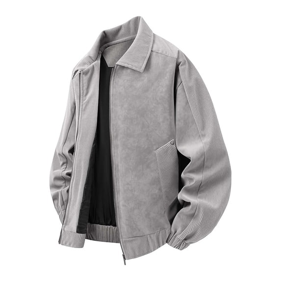 Ceisia Men Patchwork Suede Corduroy Collar Jacket Full Zip Long Sleeve Retro Casual Outerwear Gray XXXL Gift