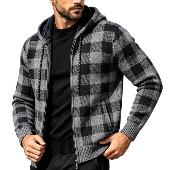 Ceisia Men Plaid Fleece Lined Hooded Jacket Buffalo Check Full Zip Drawstring Hood Side Pockets Warm Coat For Cold Weather Outdoor Casual Street Style Gift