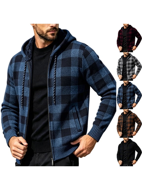Men Plaid Fleece Lined Hooded Jacket Buffalo Check Full Zip Drawstring Hood Side Pockets Warm Coat For Cold Weather Outdoor Casual Street Style Gift