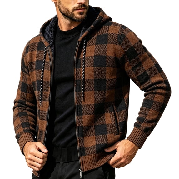 Ceisia Men Plaid Fleece Lined Hooded Jacket Buffalo Check Full Zip Drawstring Hood Side Pockets Warm Coat For Cold Weather Outdoor Casual Street Style Gift