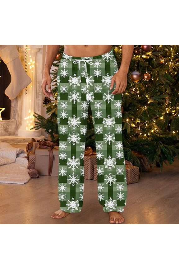 Men Printed Brushed Warm Lounge Pants Elastic Waist Pocketed Home Gift Trousers