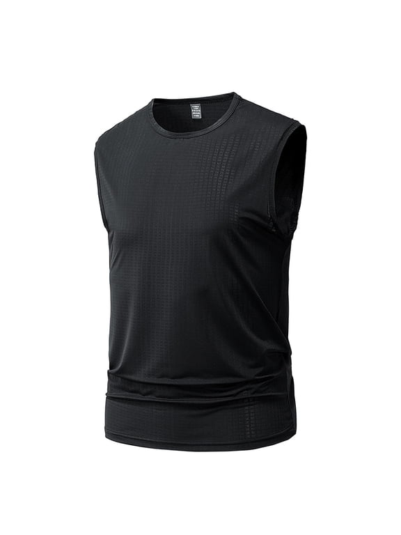 Men Quick Dry Grid Texture Athletic Tank Top Crew Neck Sleeveless Breathable Workout Running Sports Casual Vest Black L Gift