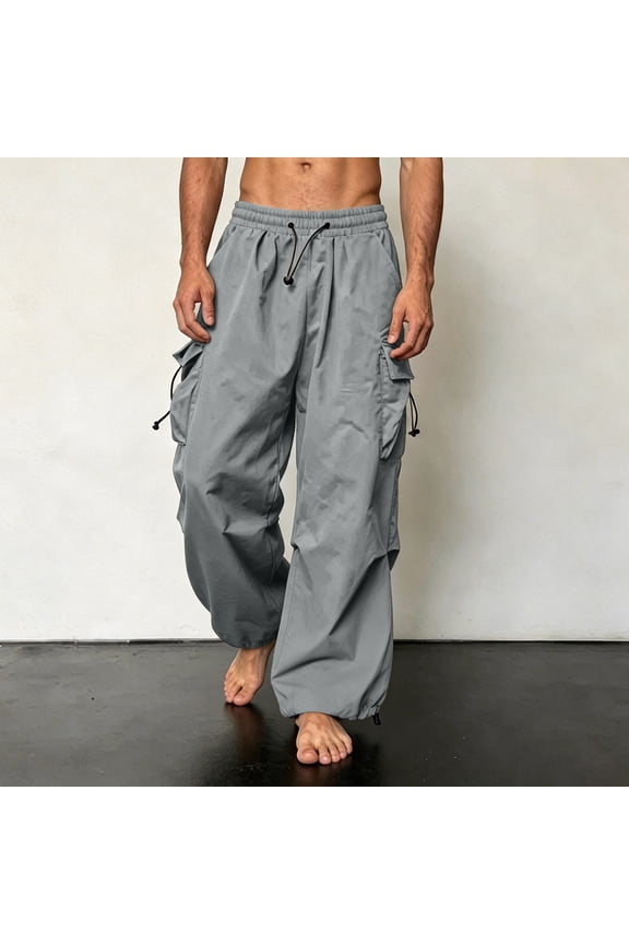 Men Quick Dry Techwear Cargo Pants Elastic Drawstring Cuff Loose Wide Leg Multi Pocket Casual Outdoor Trousers (Dark Gray M) Father's Day Gift