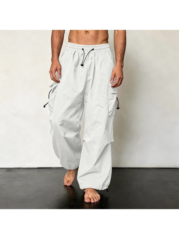 Men Quick Dry Techwear Cargo Pants Elastic Drawstring Cuff Loose Wide Leg Multi Pocket Casual Outdoor Trousers (White XL) Father's Day Gift