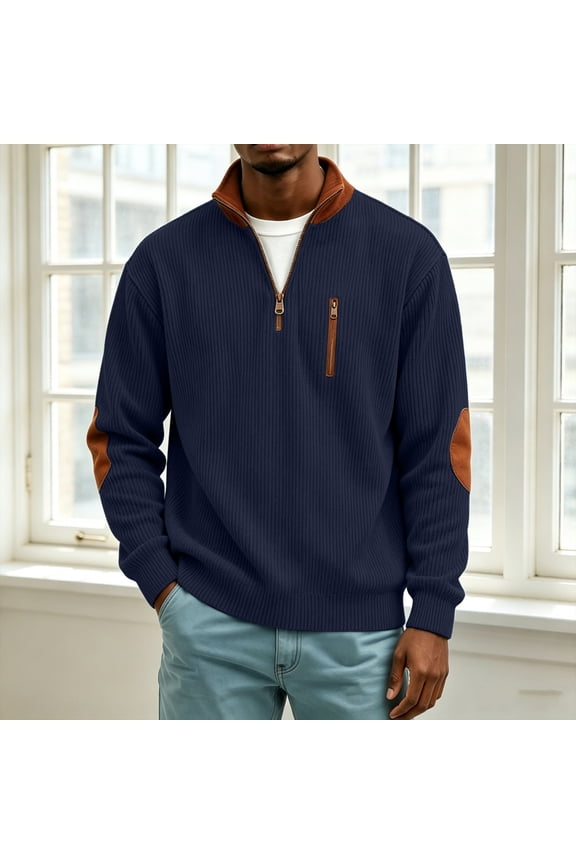 Men Ribbed Knit Quarter Zip Stand Collar Pullover Elbow Patch Chest Zipper Pocket Casual Long Sleeve Sweater Top Navy M Gift
