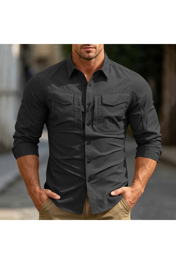 Men Ripstop Long Sleeve Tactical Button Down Shirt Dual Chest Pockets Breathable UPF 50 Outdoor Hiking Work Military Top Black M Gift
