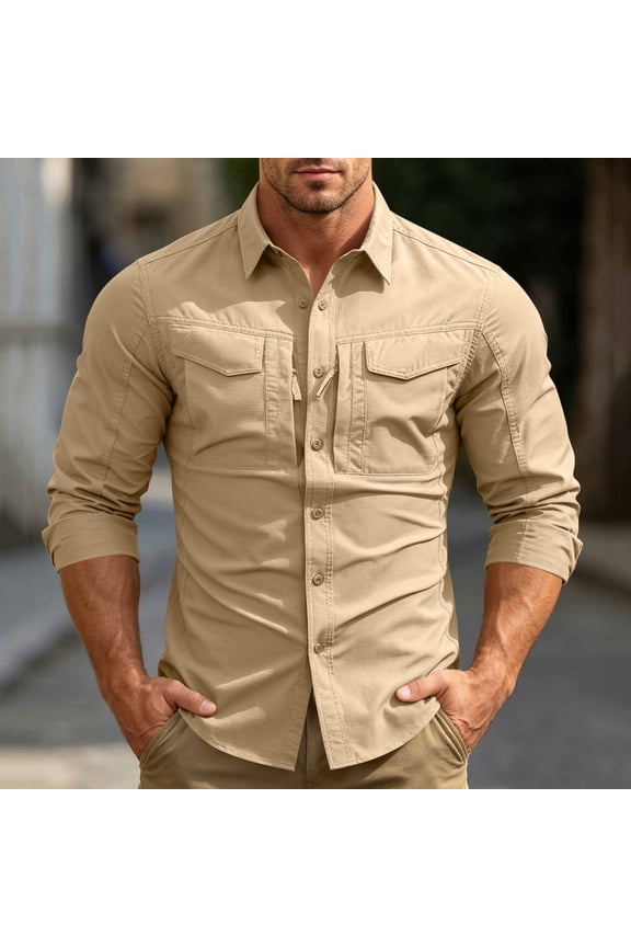 Men Ripstop Long Sleeve Tactical Button Down Shirt Dual Chest Pockets Breathable UPF 50 Outdoor Hiking Work Military Top Khaki L Gift